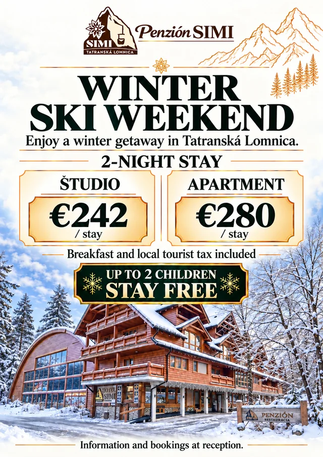 Ulotka: zimowy weekend na nartach, 2 noce — studio 242 €, apartament 280 €