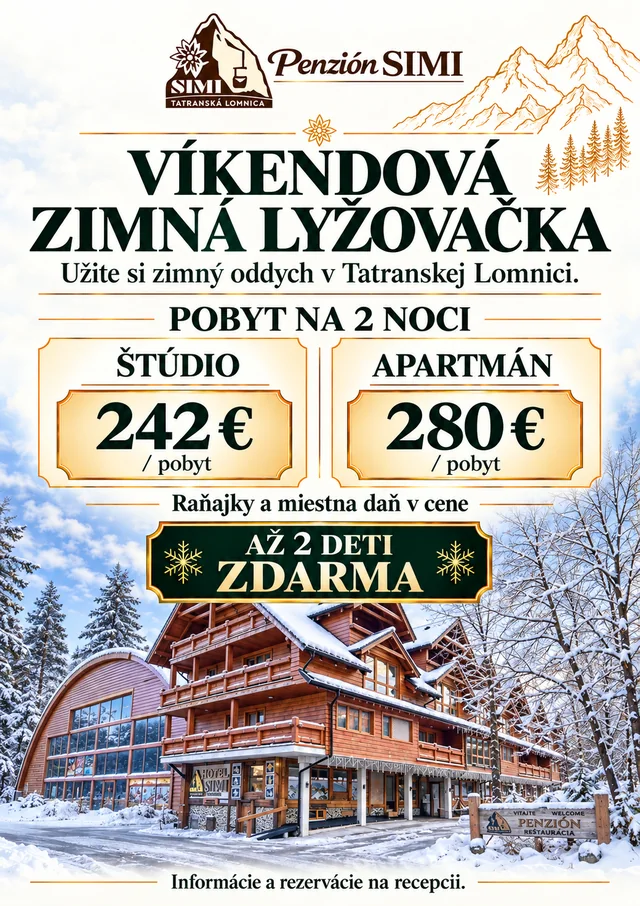 Leták: Víkendová zimná lyžovačka, pobyt na 2 noci — štúdio 242 €, apartmán 280 €