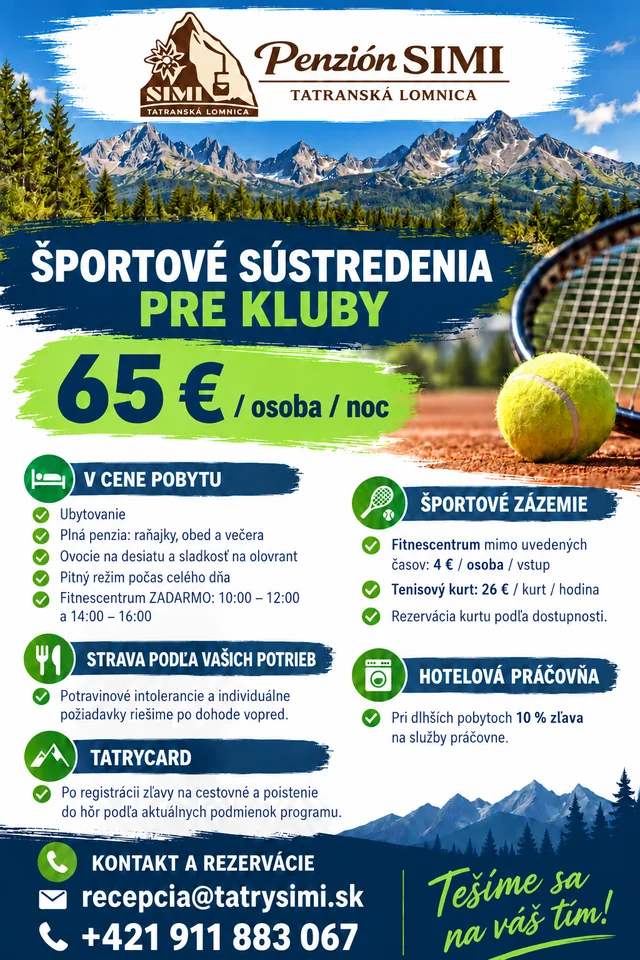Leták: športové sústredenia pre kluby — 65 € na osobu a noc