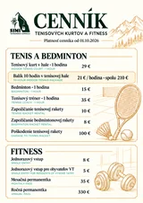 Cenník tenisových kurtov a fitness platný od 1. 10. 2026